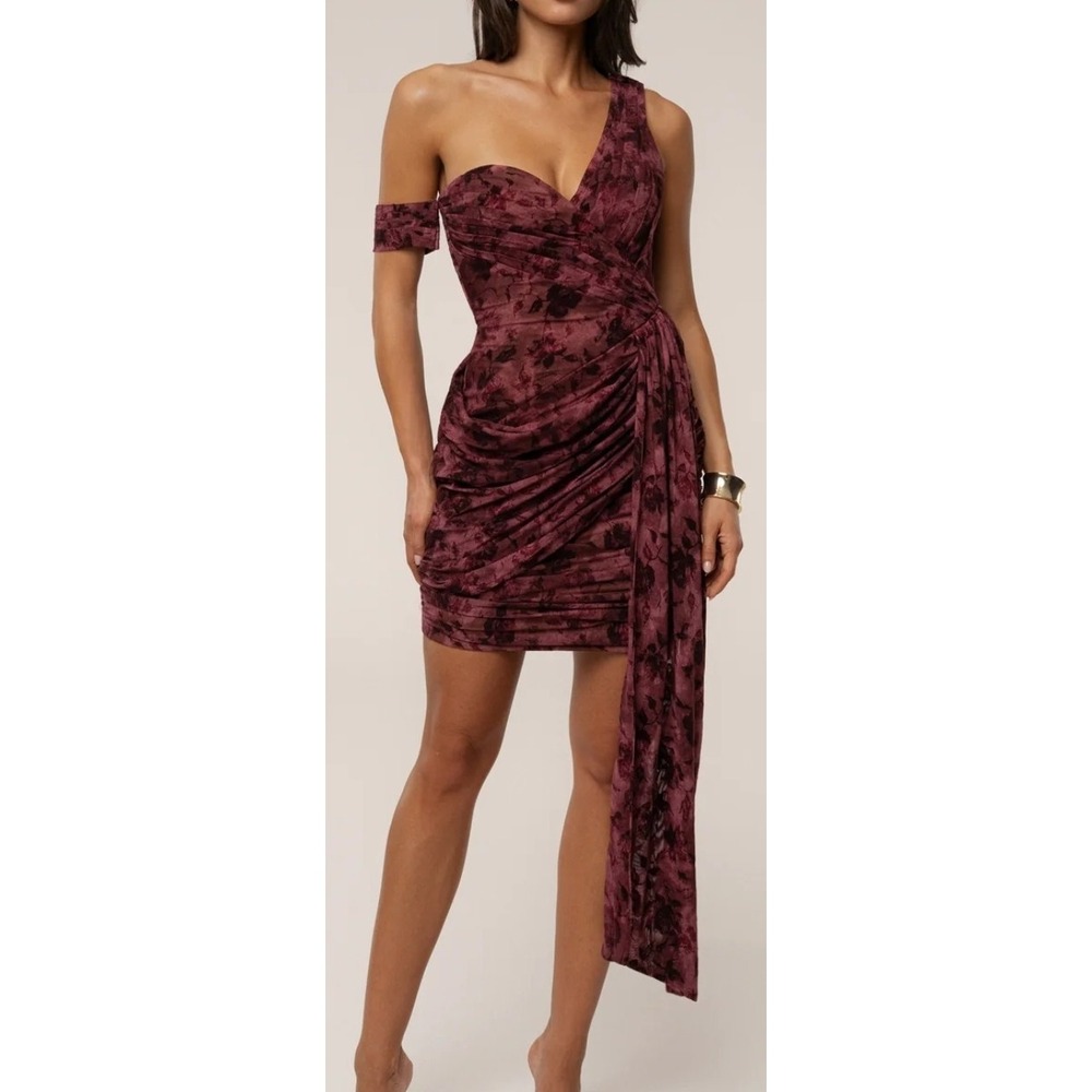 JLuxLabel Women Red Floral Soiree Drape Asymmetrical Off-Shoulder Mini Dress Med
